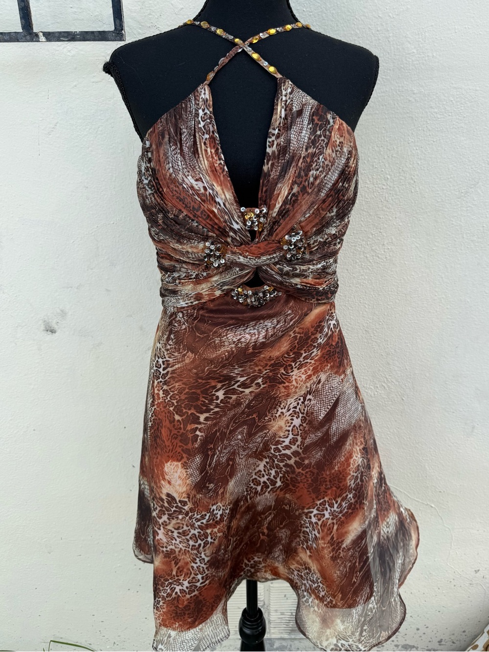 Vintage Y2K Nina Canacci Animal Print Embellished Halter Cocktail Dress